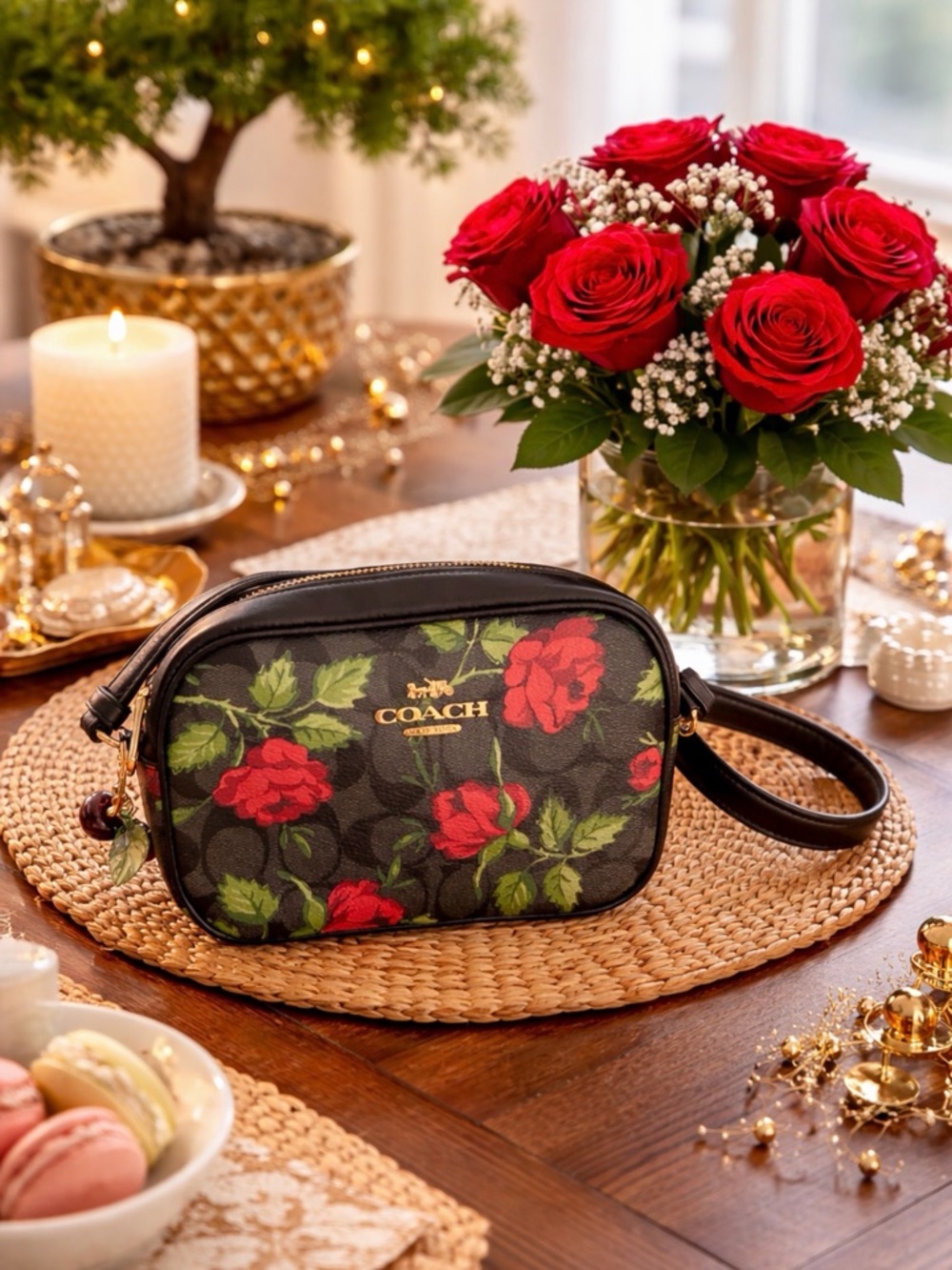 Coach Black Floral Crossbody Bag with Red Roses - Picture 2 of 15